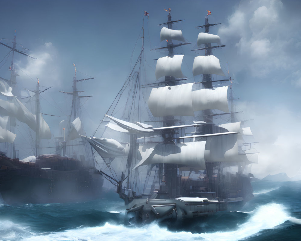 Majestic sailing ships in misty ocean waters