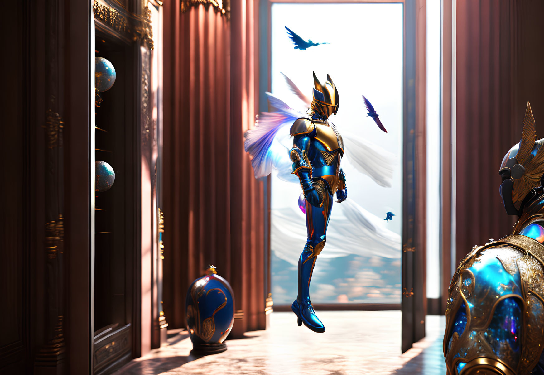 Golden-armored knight levitates in grand hall with ornate columns and bluebirds.