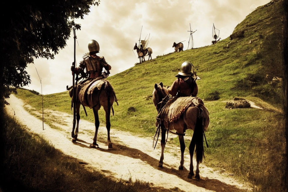 Armored knights on horseback with windmills in medieval scene