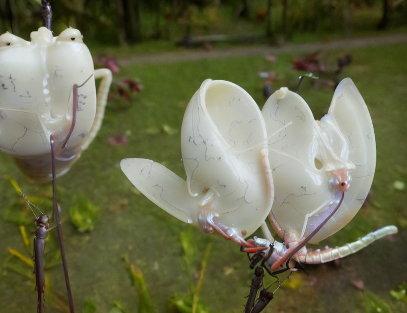 Three white clam shell-like flowers with visible veins and stems on blurred green backdrop