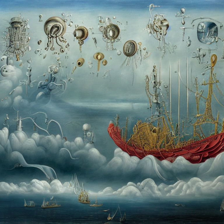 Surreal painting of red sailboat on clouds with whimsical creatures