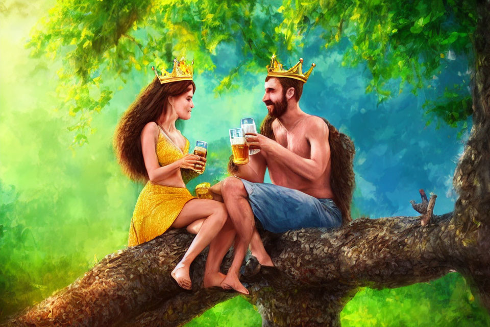 Man and woman in crowns toast with beer on tree branch in vibrant setting