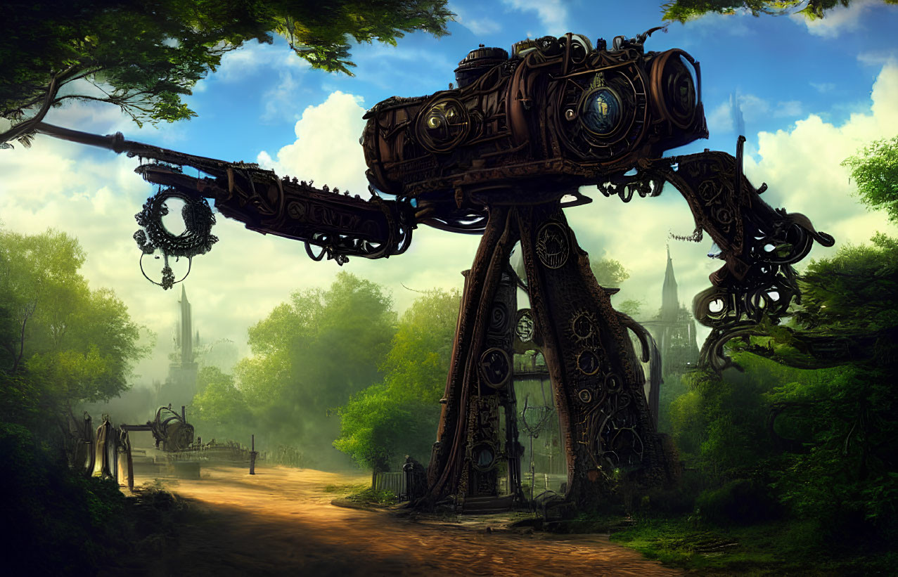 Steampunk-style mechanical walker in lush forest setting