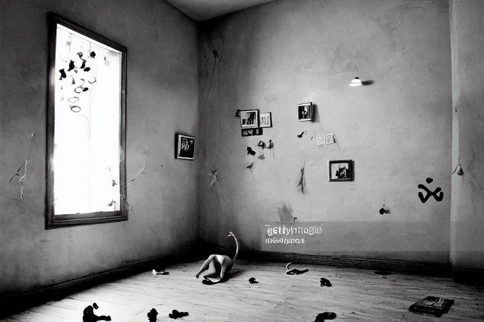 Surreal monochrome room with scattered shoes and floating pictures