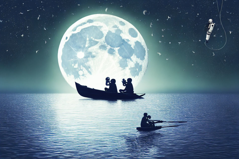 Silhouetted Canoe, Kayak, Moon, and Astronaut Scene