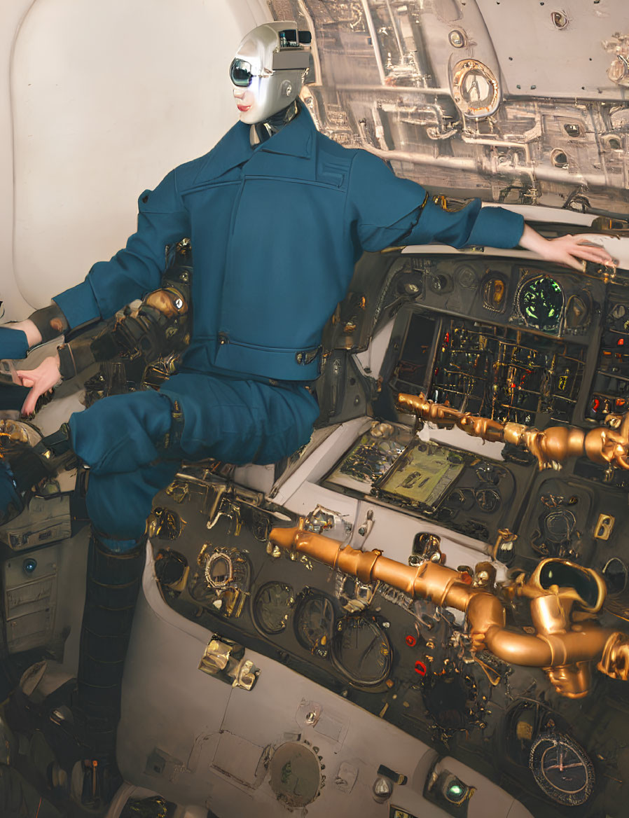 Pilot in futuristic uniform surrounded by mechanical arms in cockpit