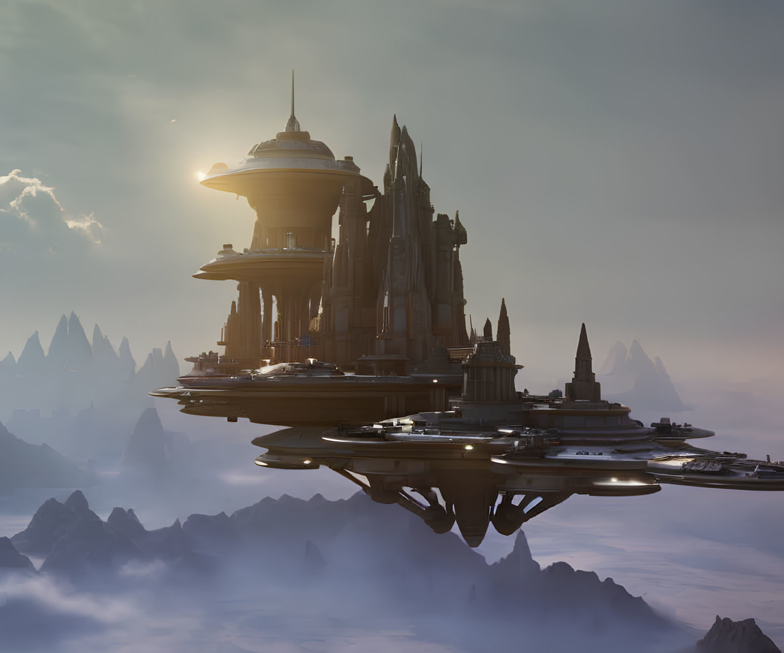 Futuristic city with towering spires above misty mountain peaks