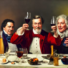 Elegantly dressed individuals toasting with wine and spirits at a festive table