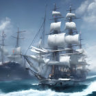 Majestic sailing ships in misty ocean waters