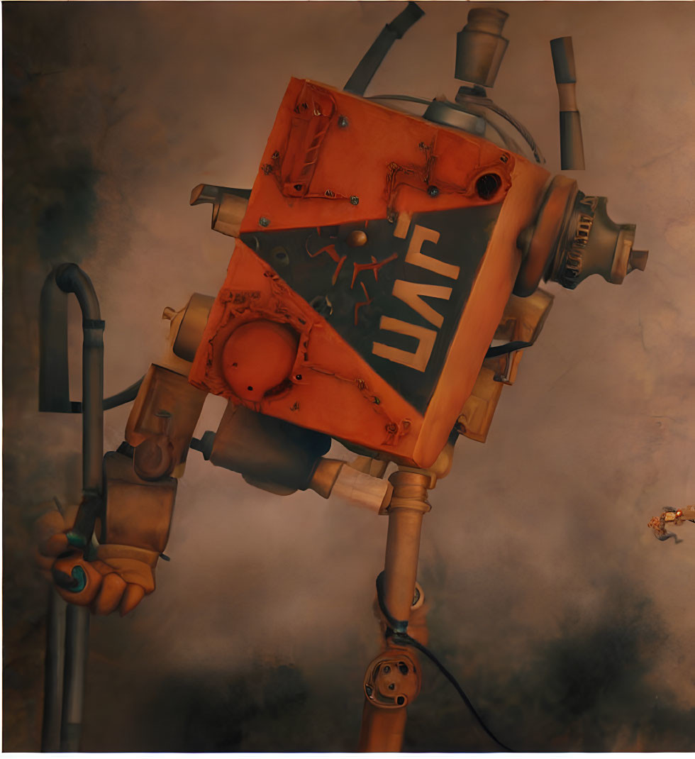 Stylized orange robot with multiple arms on smoky background