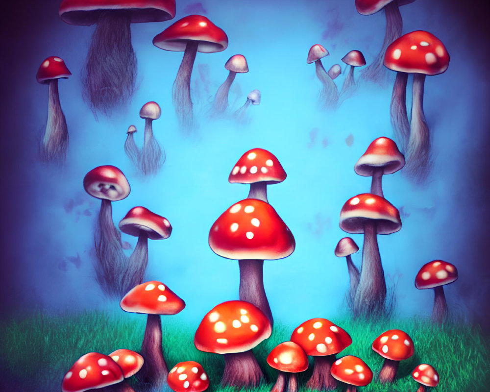 Illustration of red-capped mushrooms in grass on blue background