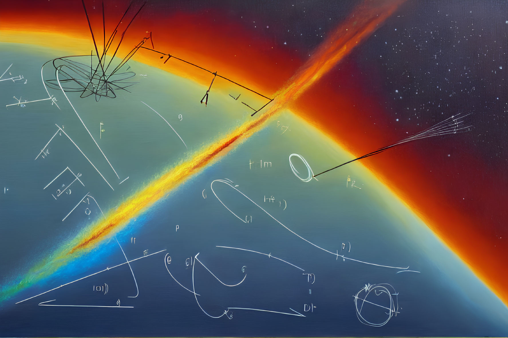 Abstract digital artwork: surreal physics and math diagrams on cosmic background