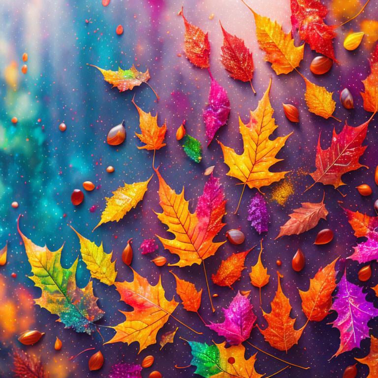 Colorful Autumn Leaves, Water Droplets, and Acorns on Wet Surface