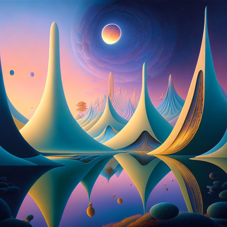 Surreal landscape with spire-like structures and celestial backdrop