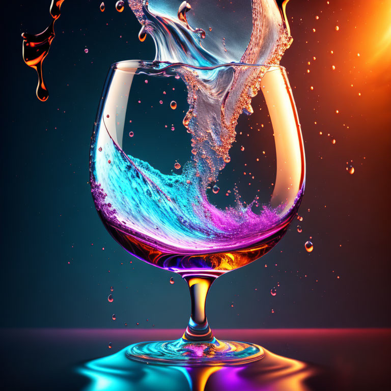 Blue and Orange Liquids Colliding in Clear Glass on Dual-Toned Background