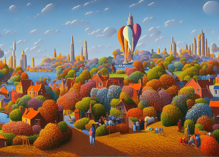Colorful Painting of Whimsical Townscape with Hot Air Balloon