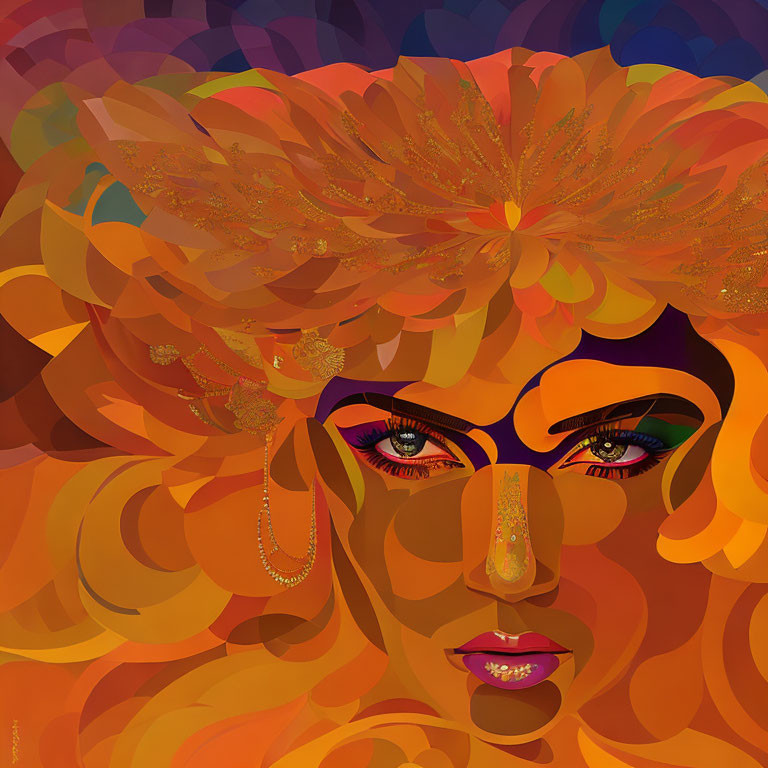 Digital artwork: Woman with orange hair, floral patterns, purple eyeshadow, and golden jewelry