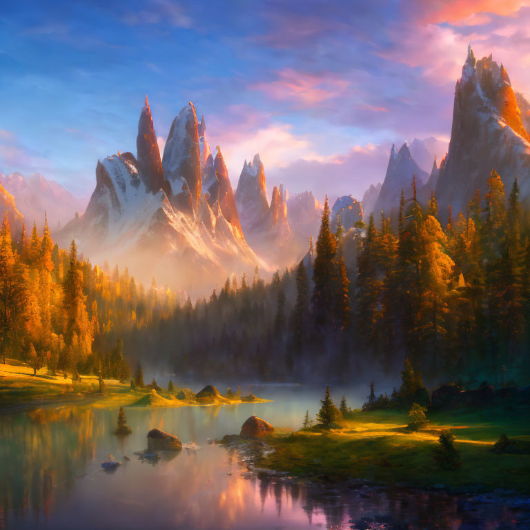 Sunlit misty mountains and autumn trees by calm lake at dawn or dusk