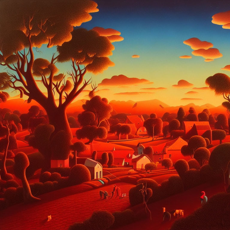 Vibrant red-orange countryside landscape at sunset with round foliage and silhouettes of people and animals