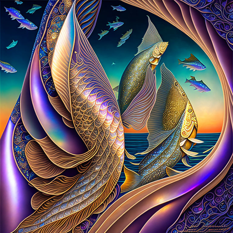 Vibrant artwork of ornate fish in ocean setting
