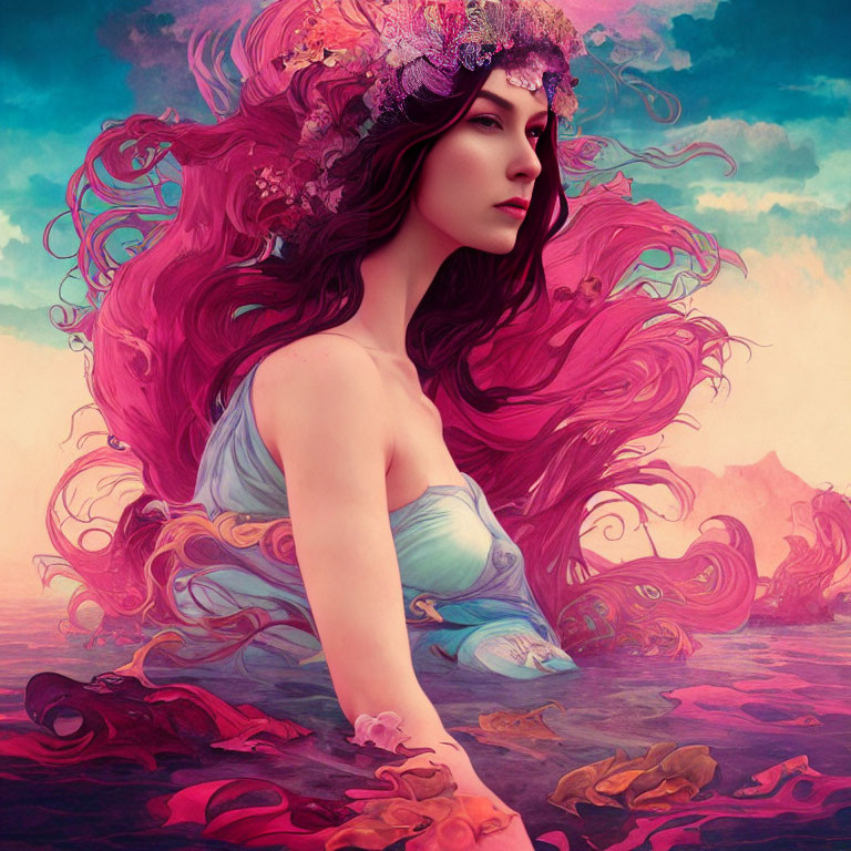 Fantastical illustration of woman with pink hair and floral crown in dreamy pink and blue backdrop