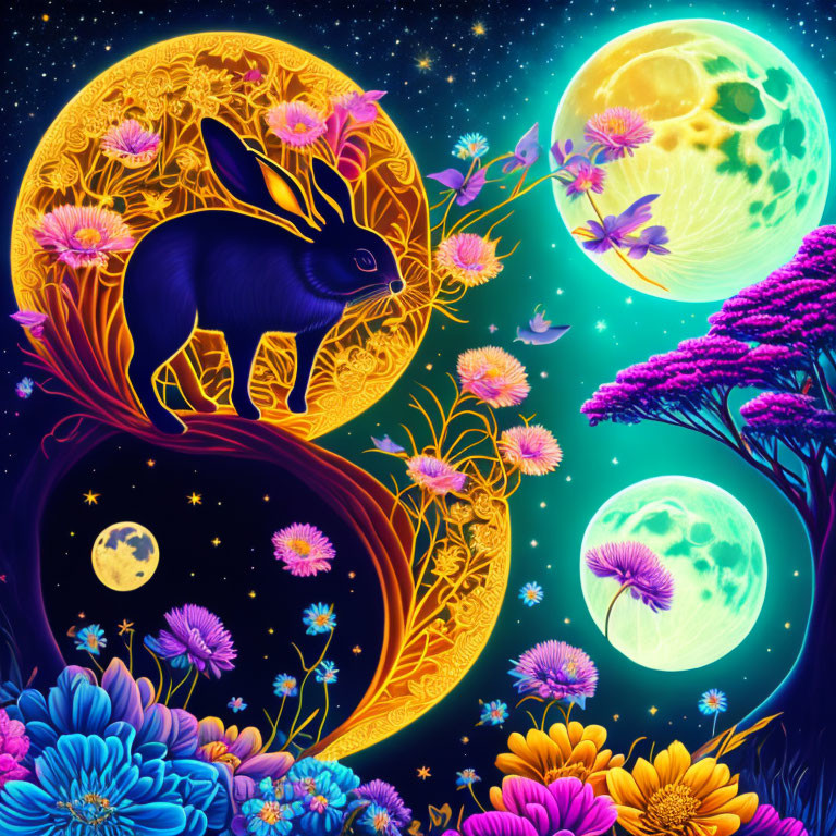 Colorful mystical rabbit surrounded by moons, flowers, and stars