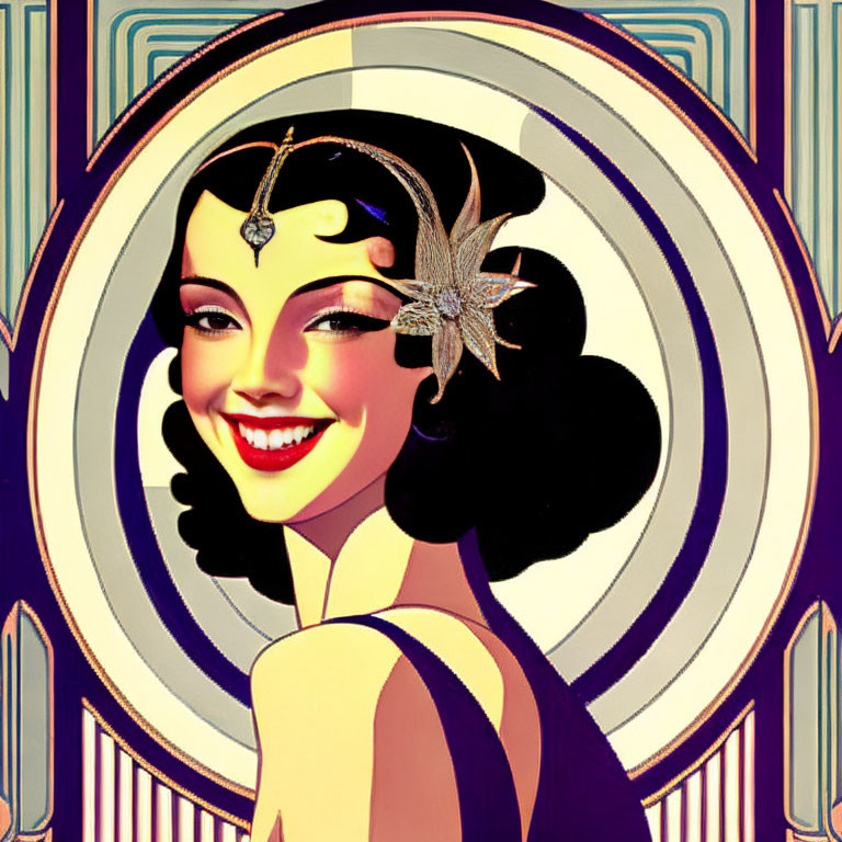 Vintage Art Deco Illustration of Smiling Woman in Headpiece
