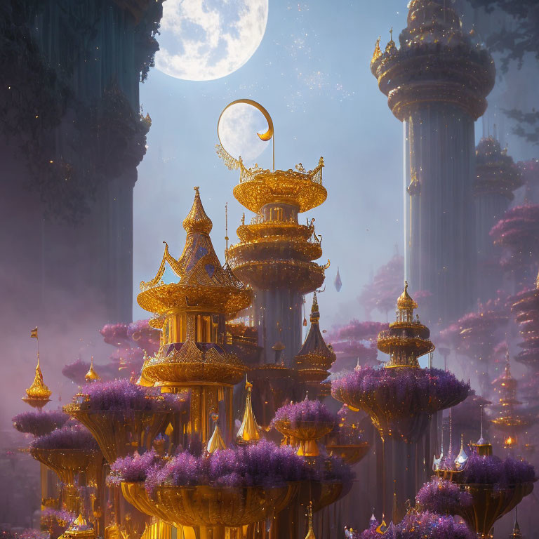 Fantastical city with golden pagodas and purple foliage under crescent moon