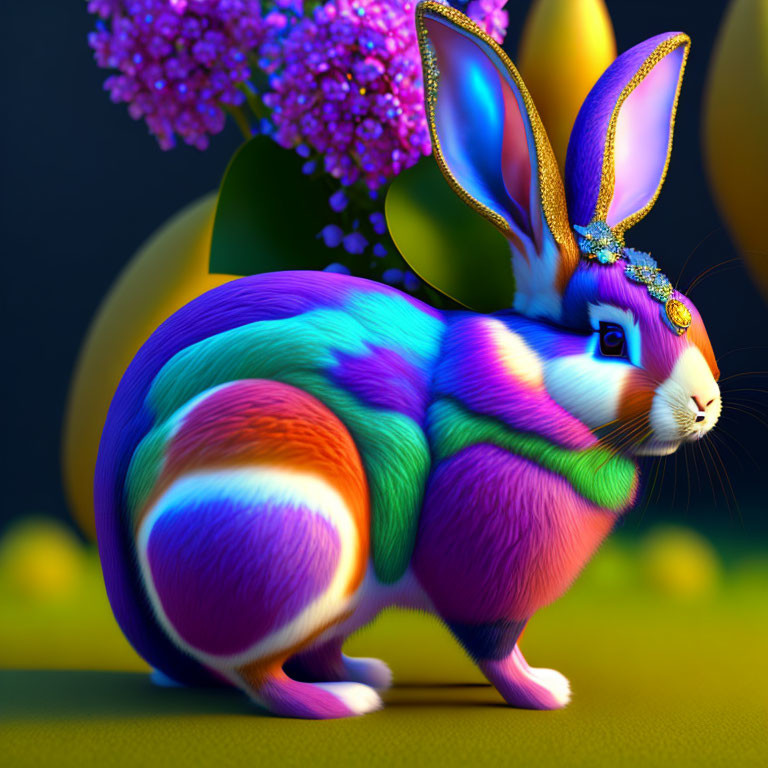 Colorful Rabbit with Gem-Studded Headband in Night Scene