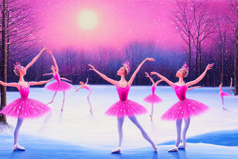 Ballerinas in Pink Tutus Dancing on Snowy Landscape