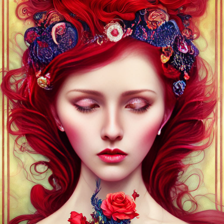 Vibrant red-haired woman with floral headpiece and intricate designs
