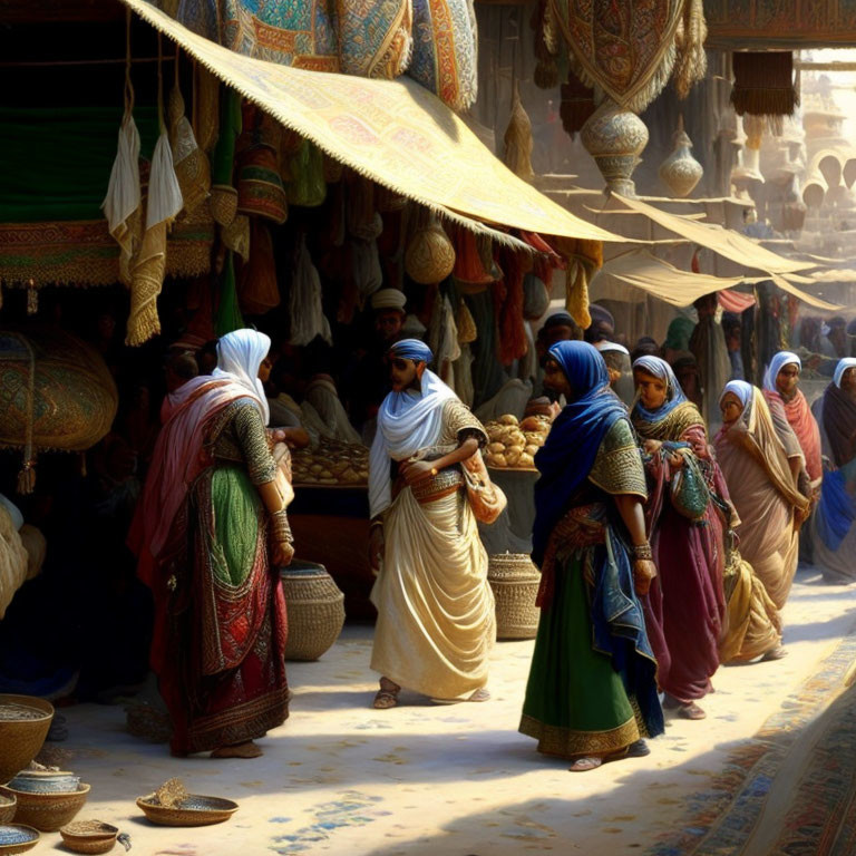Vibrant traditional market scene with colorful clothing and wares