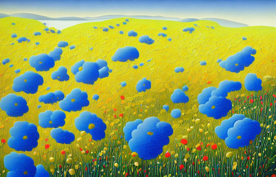 Vibrant landscape with blue flowers, yellow fields, rolling hills