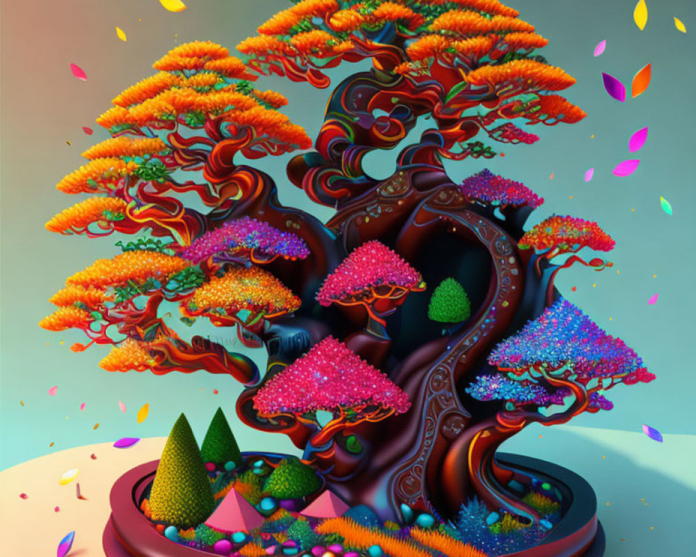 Colorful surreal bonsai tree on gradient background