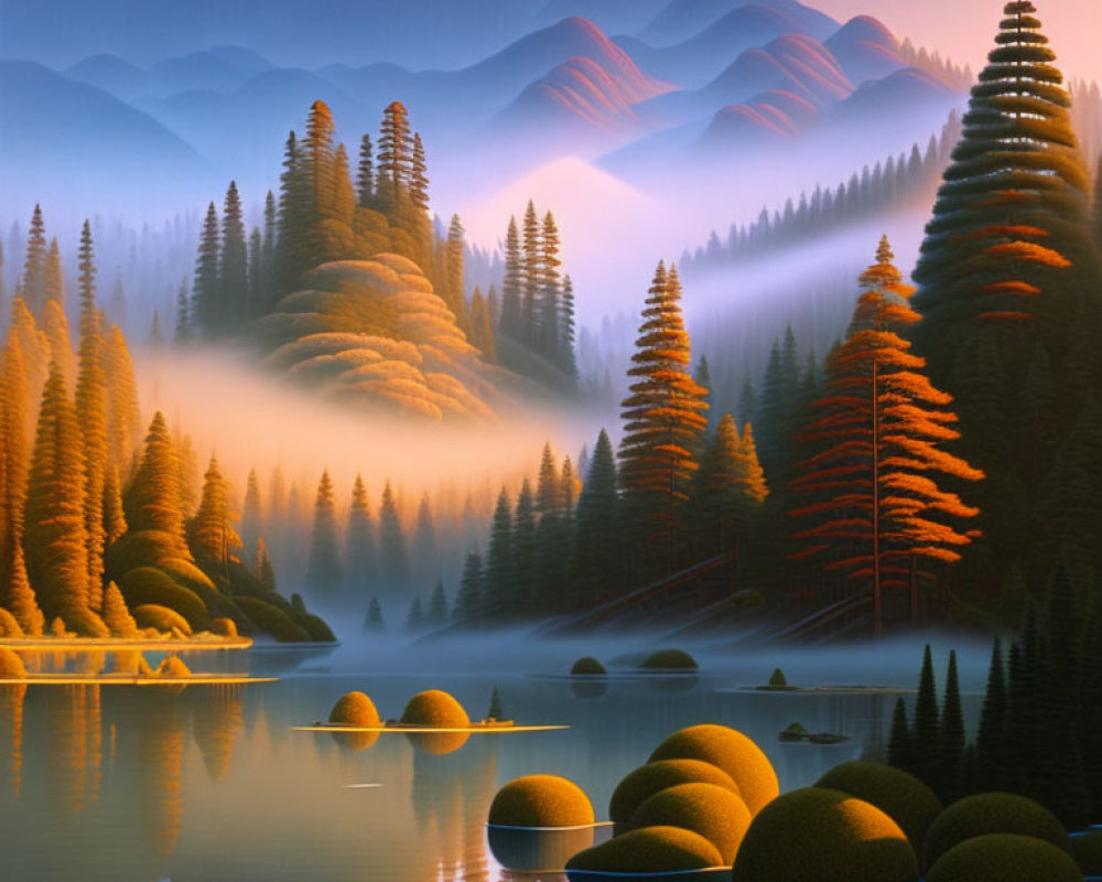 Tranquil Landscape: Misty Mountains, Tranquil Lake, Lush Forests
