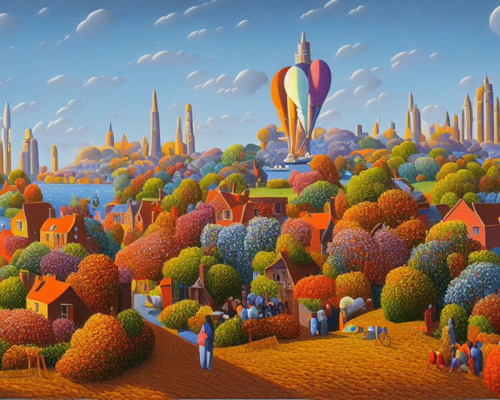 Colorful Painting of Whimsical Townscape with Hot Air Balloon