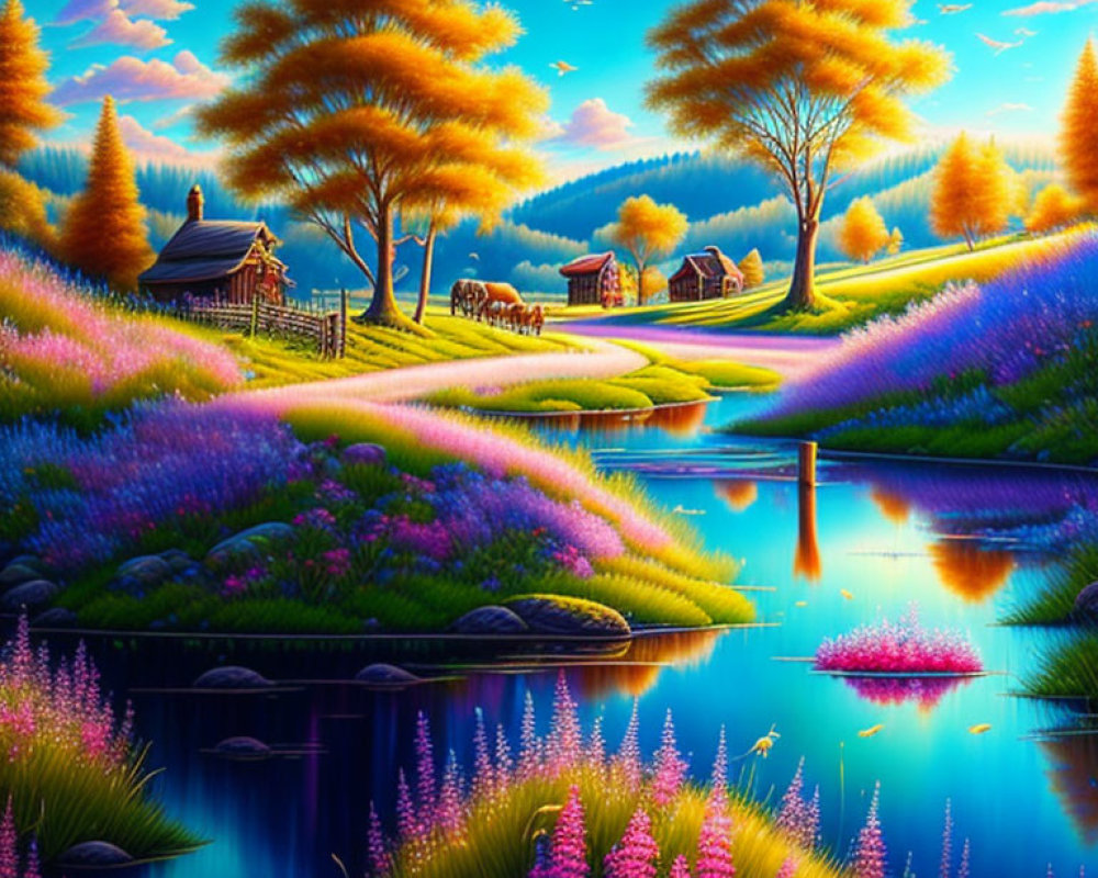 Colorful Landscape with River, Flowers, Cottage, and Sunset Sky