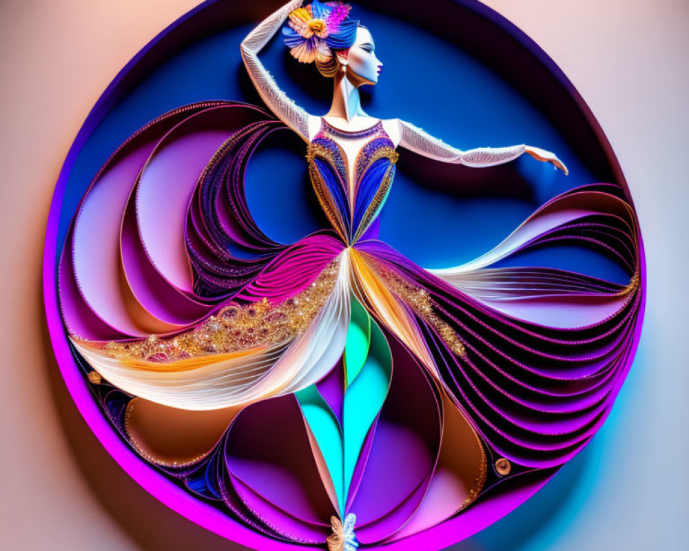 Colorful digital artwork of a graceful dancer in swirling dresses within an ornate frame.