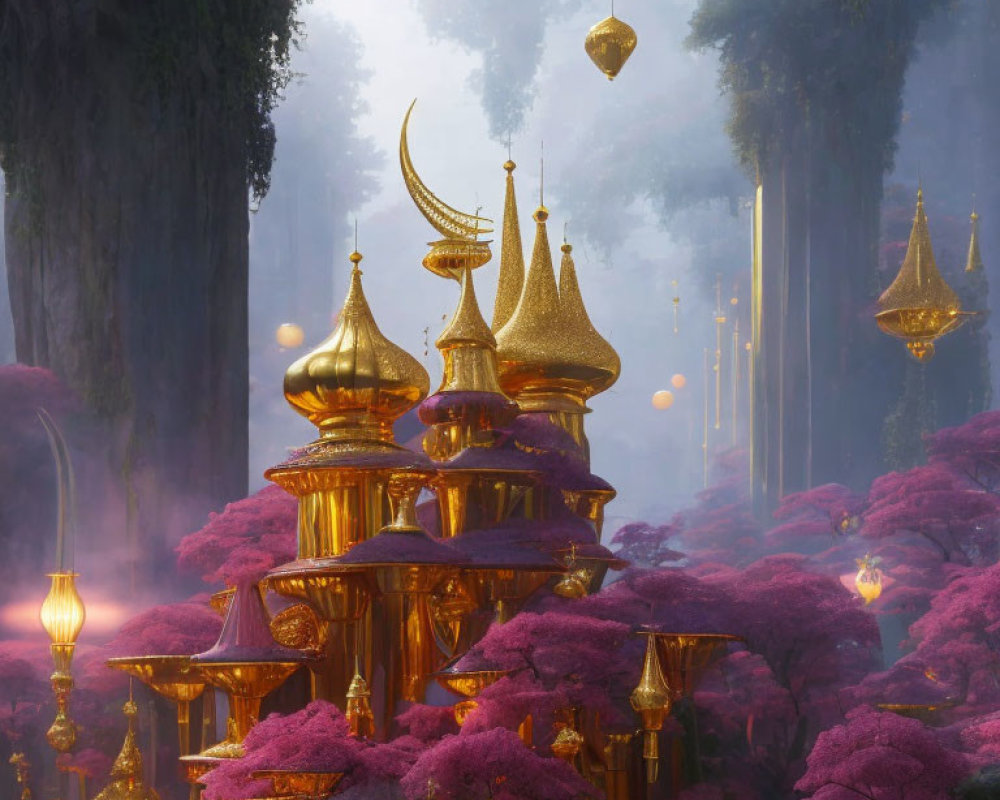 Golden Temple in Pink Forest with Foggy Trees and Lanterns