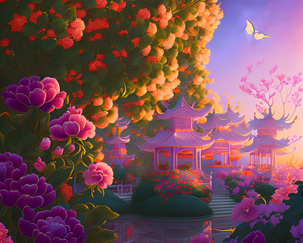Digital Art: Asian Temple, Gardens, Pond, Flowers, Bird, Sunset