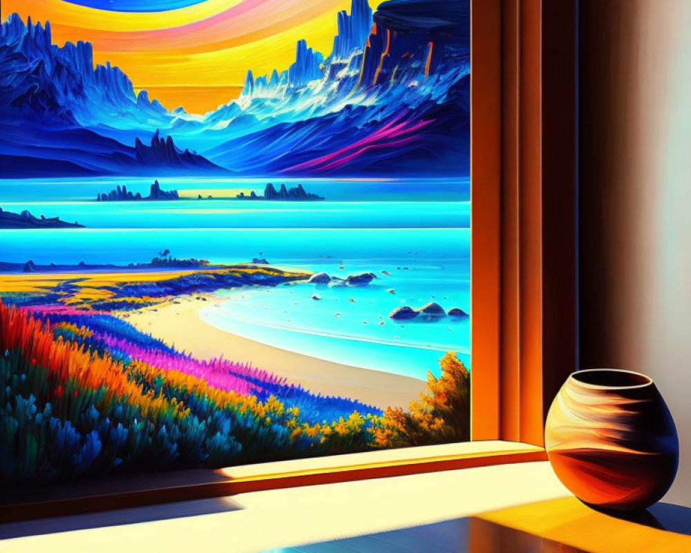 Colorful Beach and Mountain Landscape Painting with Sunset Sky and Vase
