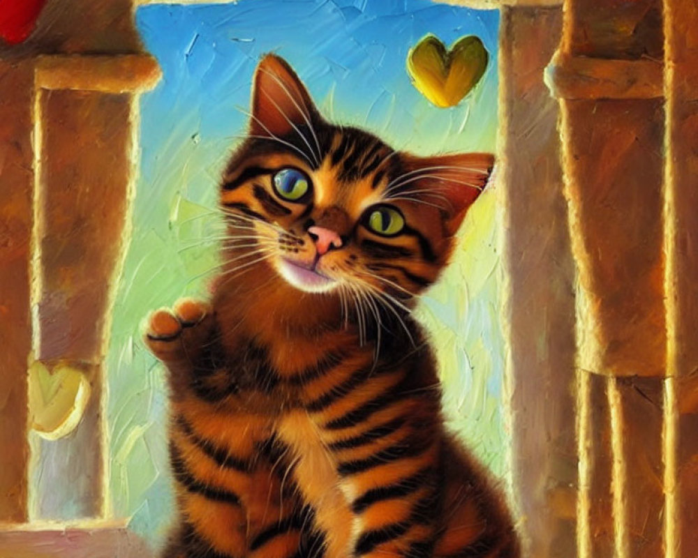 Whimsical painting of striped cat in decorated room