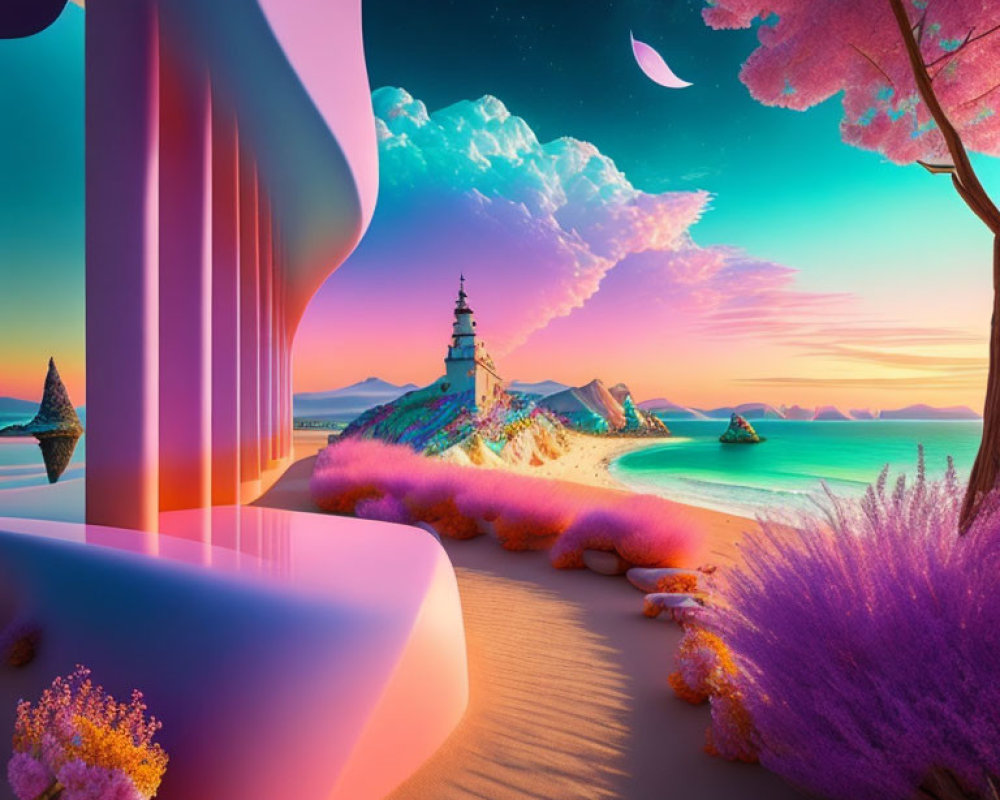 Vibrant Surreal Landscape with Futuristic Architecture and Lighthouse
