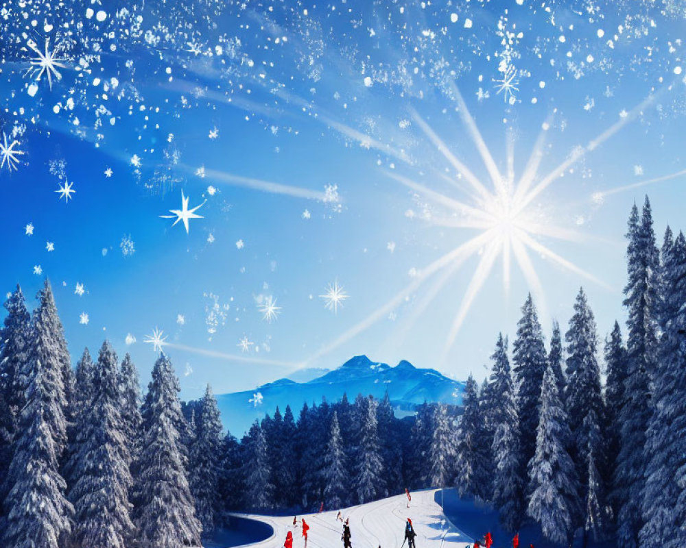 Red-clad skiers on snowy slope under blue sky with pine trees and snowflakes.