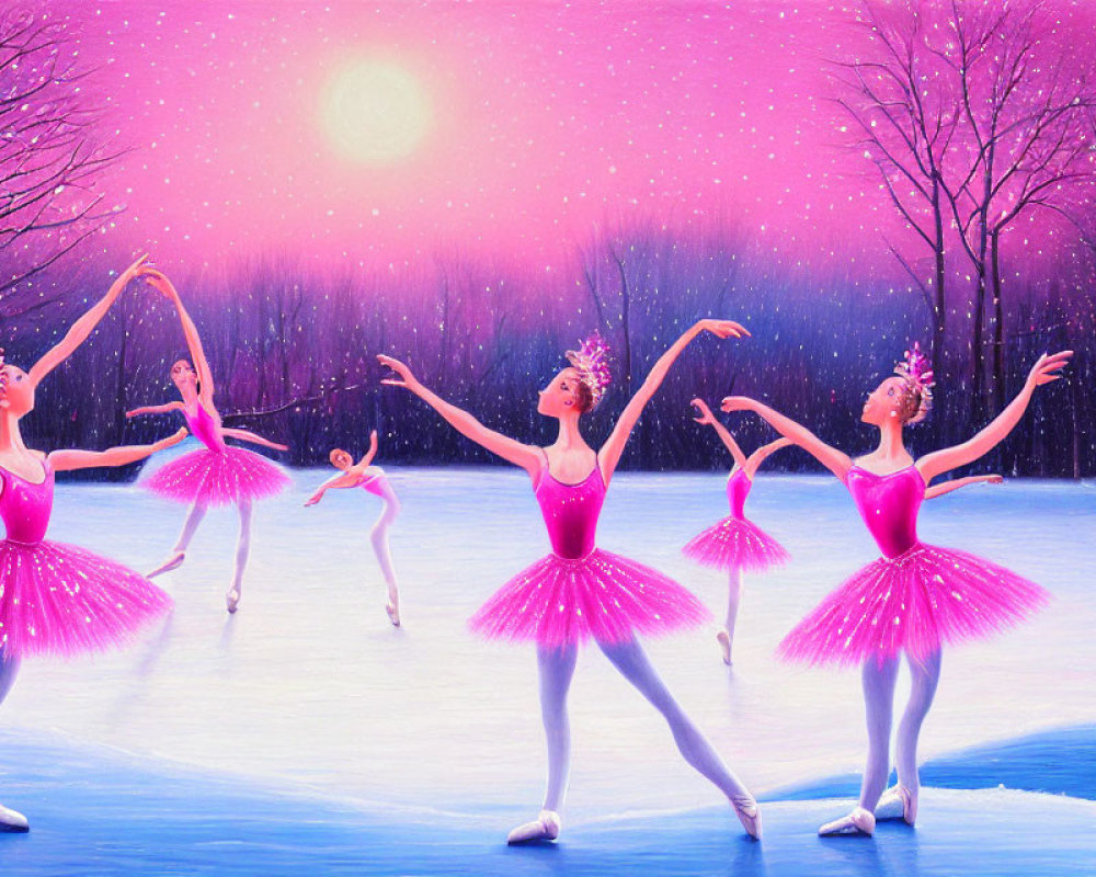 Ballerinas in Pink Tutus Dancing on Snowy Landscape