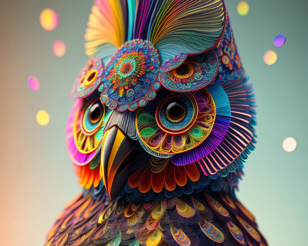 Vibrant stylized owl with intricate patterns on soft, bokeh-lit backdrop