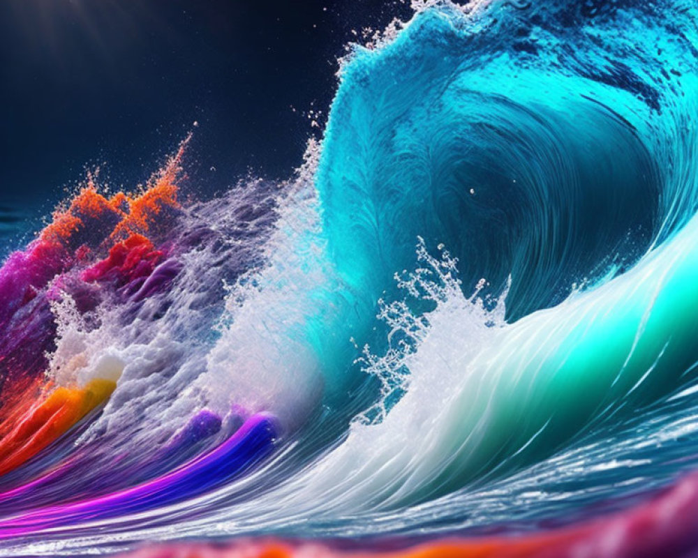 Colorful digital artwork: Blue wave with rainbow splashes