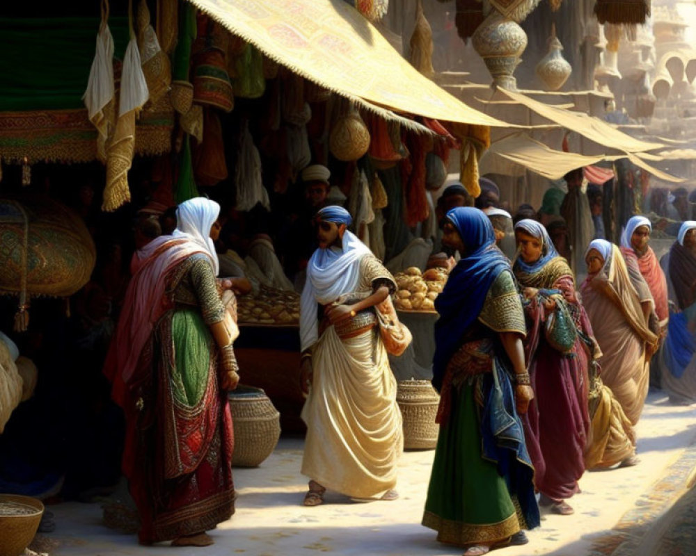 Vibrant traditional market scene with colorful clothing and wares