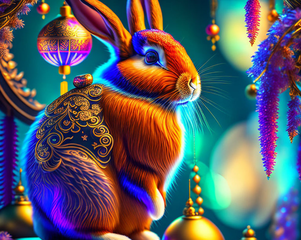 Colorful ornate rabbit surrounded by baubles on deep blue background