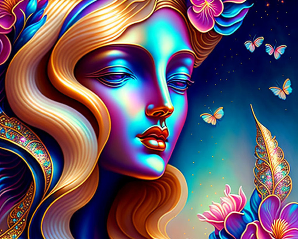 Colorful Stylized Woman Surrounded by Butterflies and Flowers on Cosmic Background